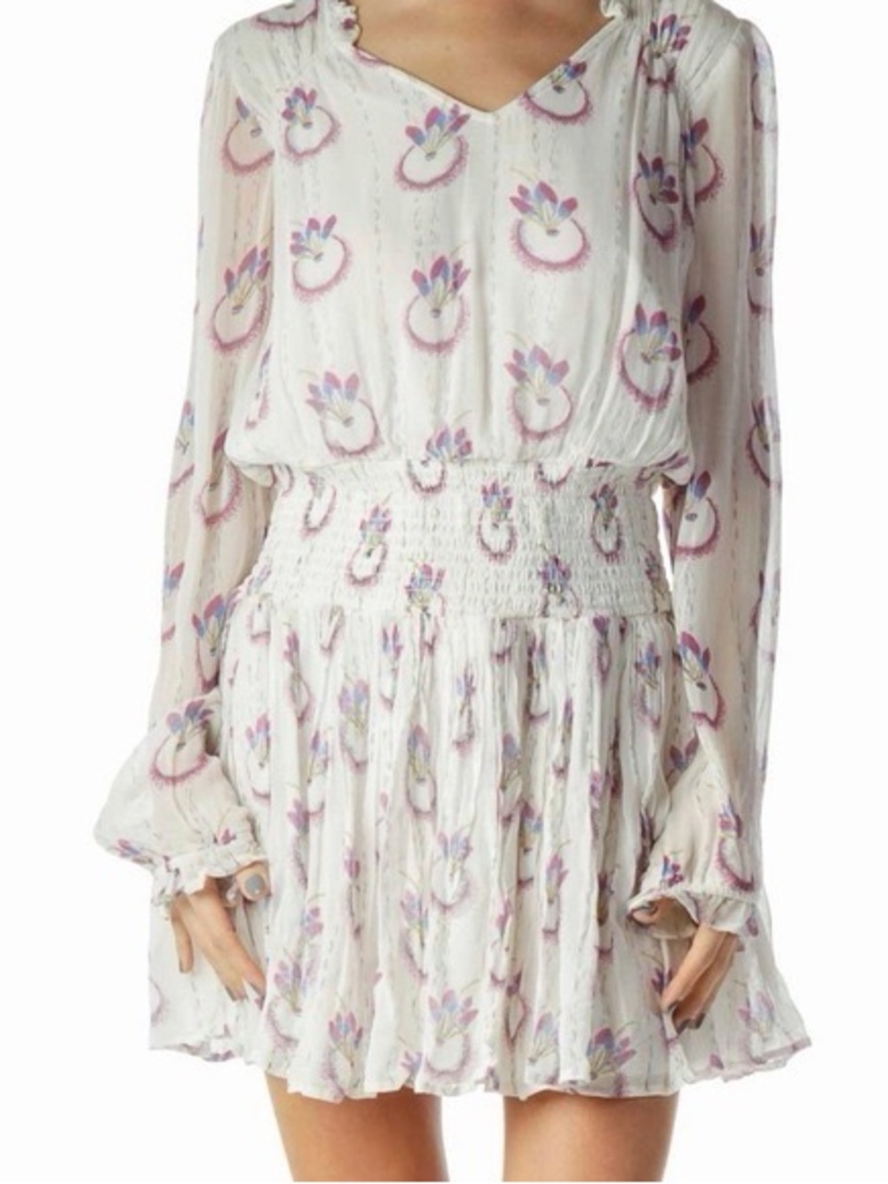 Free People Ivory Long-Sleeve Floral Smocked Waist Dress